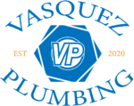 Vasquez Plumbing logo. All in dark blue and use of white negative space. VP in the center circle of a hex nut turned 1/12th clockwise inside a hexago sillouette. "Vaquez" and "Plumbing" above and below the hex nut. "EST" in orange on the left and "2020" on the right.